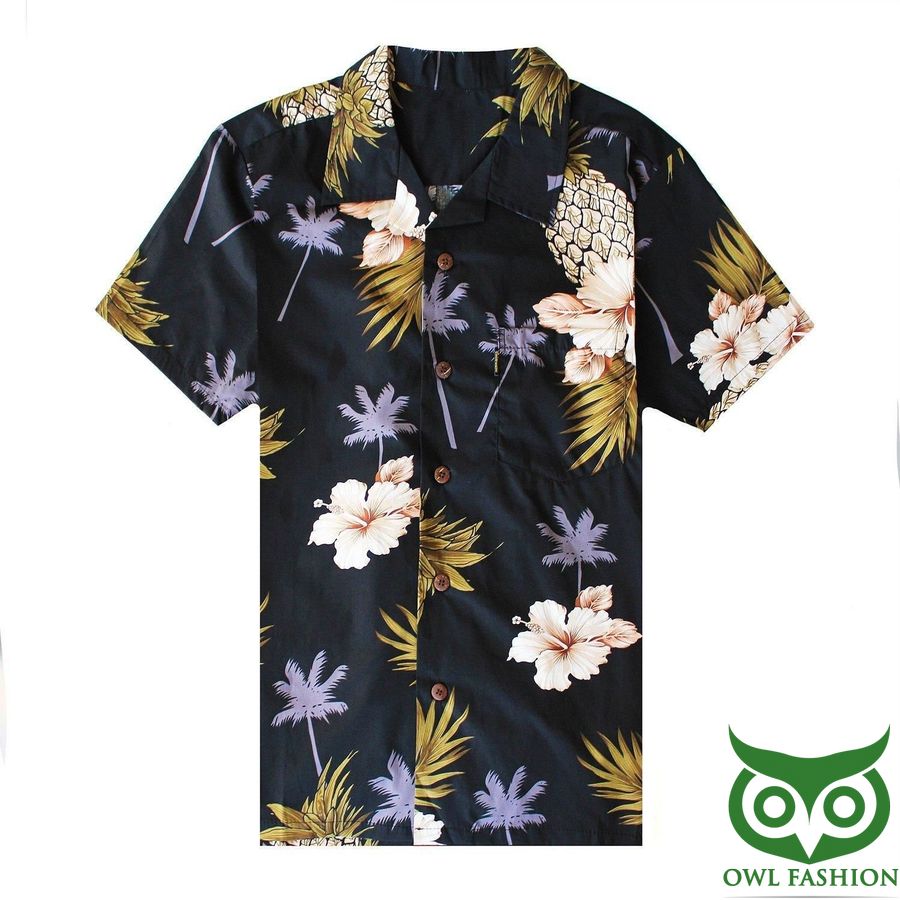 12 Floral Pineapple Shirt Black Print Hawaiian Shirt