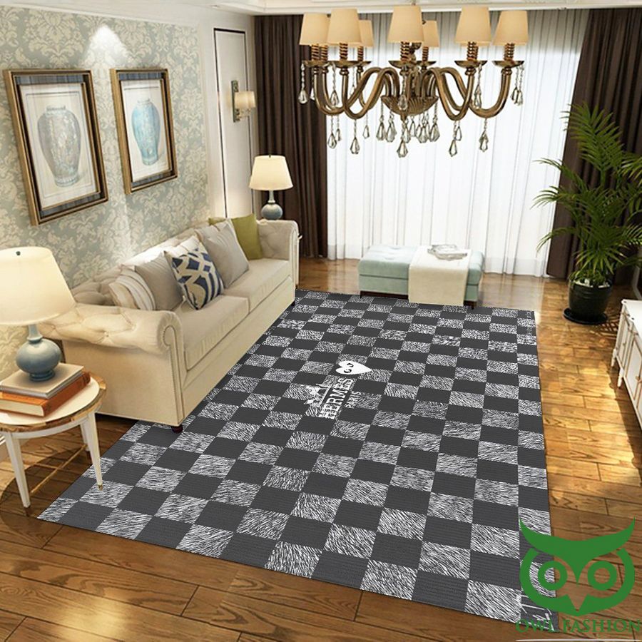 18 Hermes Luxury Brand Light and Dark Gray Checkerboard Carpet Rug