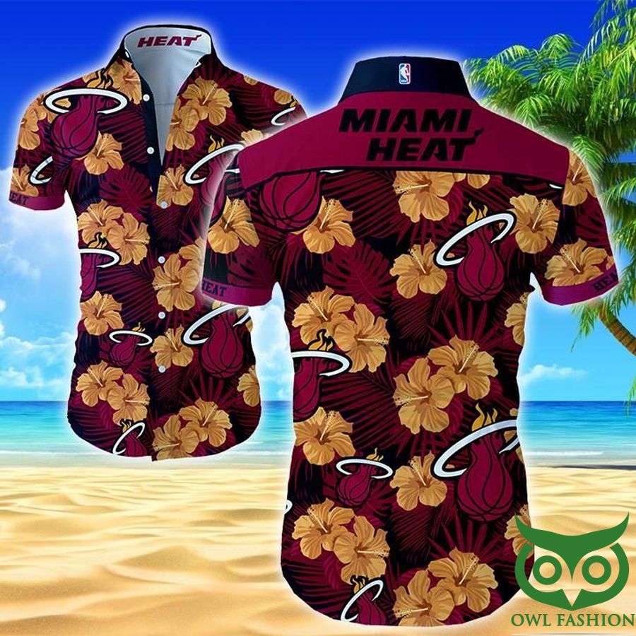 8 NBA Miami Heat Garnet and Gold Color Floral Hawaiian Shirt