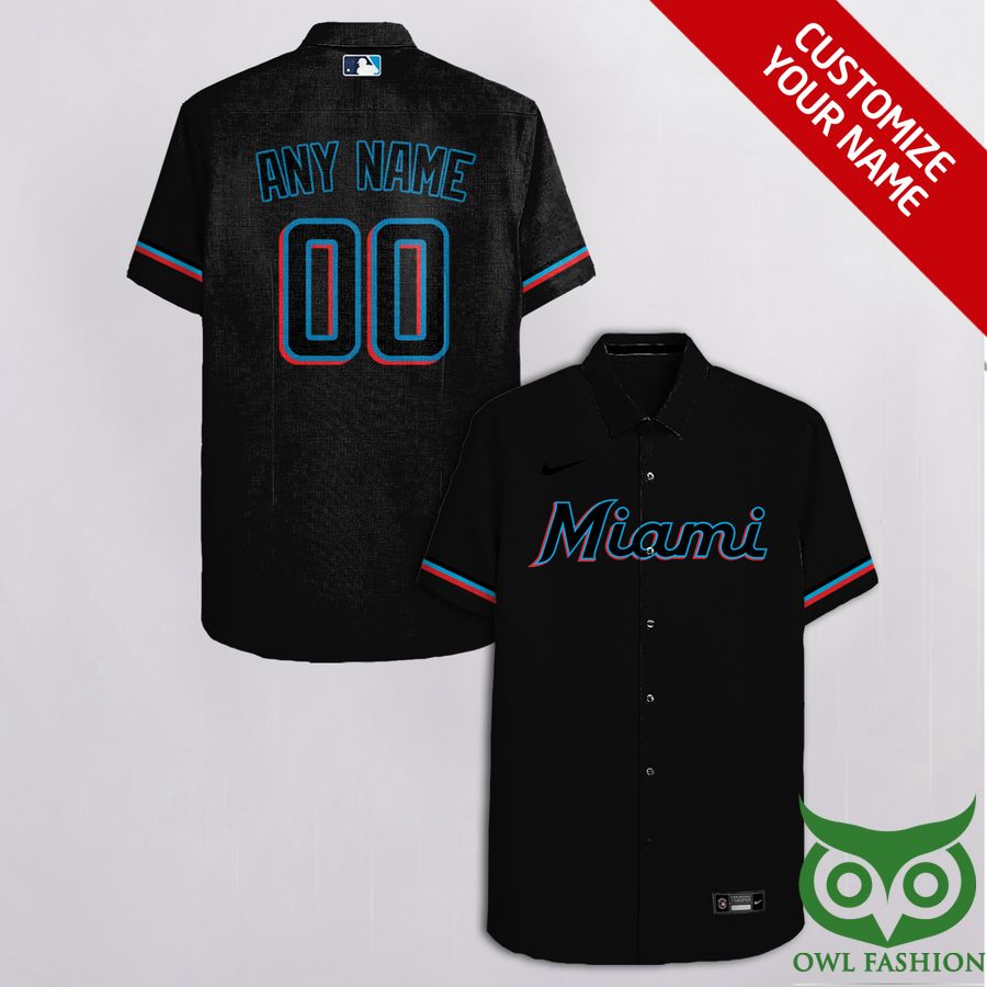 61 Customized Miami Marlins Black with Blue Red Team Name Hawaiian Shirt