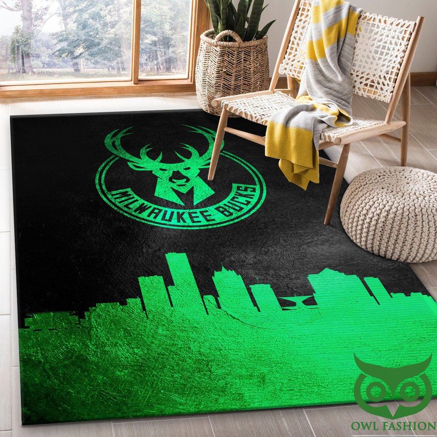71 Milwaukee Bucks Skyline NBA Team Logo Green and Black Carpet Rug