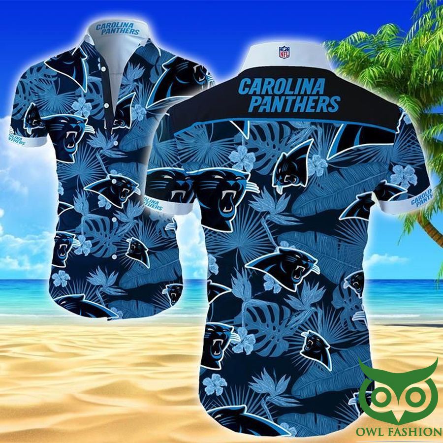 23 NFL Carolina Panthers Black with Blue Leaves Hawaiian Shirt