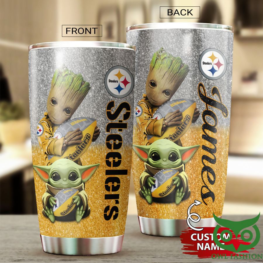 71 Custom Name Groot Pittsburgh Steelers twinkle Yellow and Gray Tumbler Cup