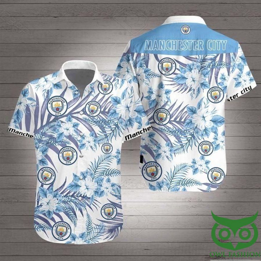 58 Manchester City White and Sky Blue Flowers Hawaiian Shirt