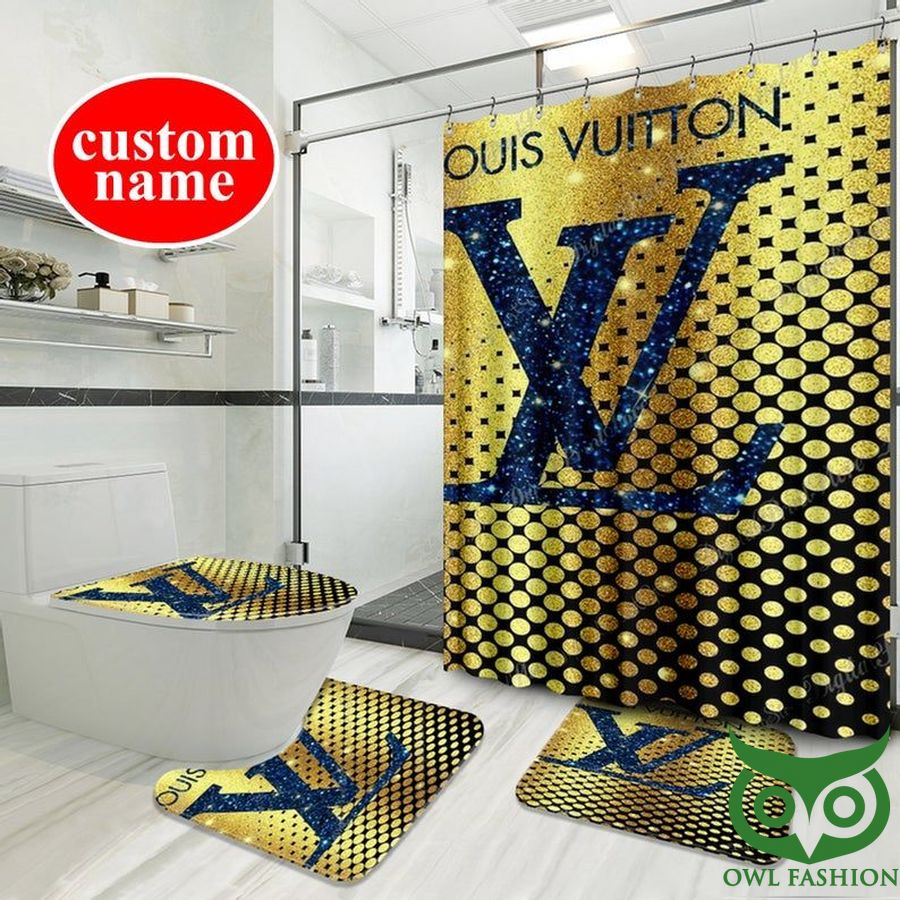 Custom Name Louis Vuitton Golden Blink Shower Curtain and Mat Set