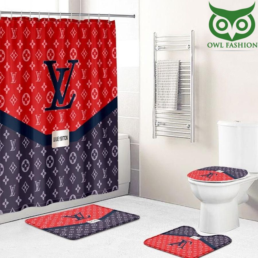 Louis Vuitton Supreme Red And Blue Shower Curtain Waterproof Luxury Bathroom Mat Set 