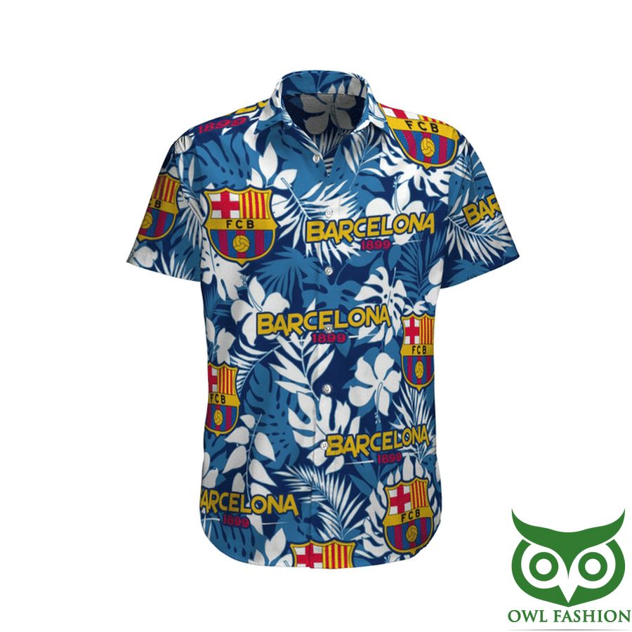 Barcelona 1899 Team Logo Blue Leaves Hawaiian Shirt