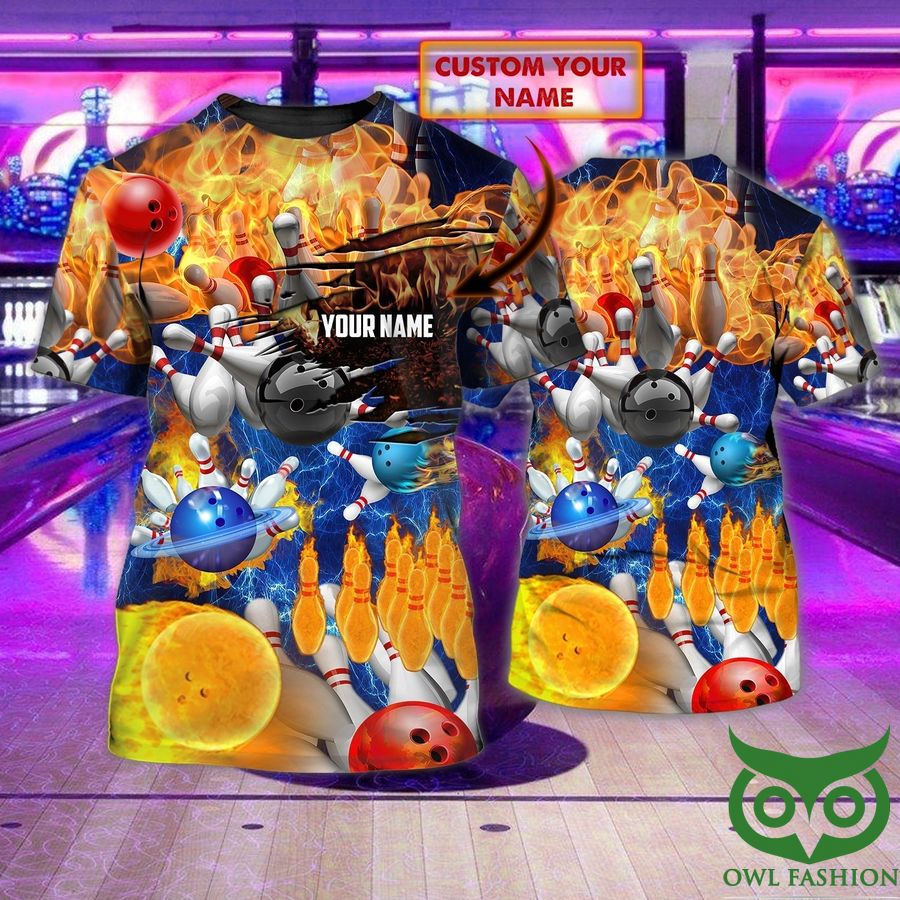 Custom Name Bowling Ball and Pins on Fire 3D T-shirt