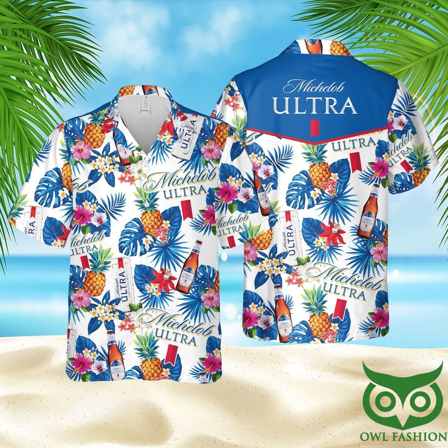 Michelob Ultra White with Blue Leaf Hawaiian Shirt and Shorts