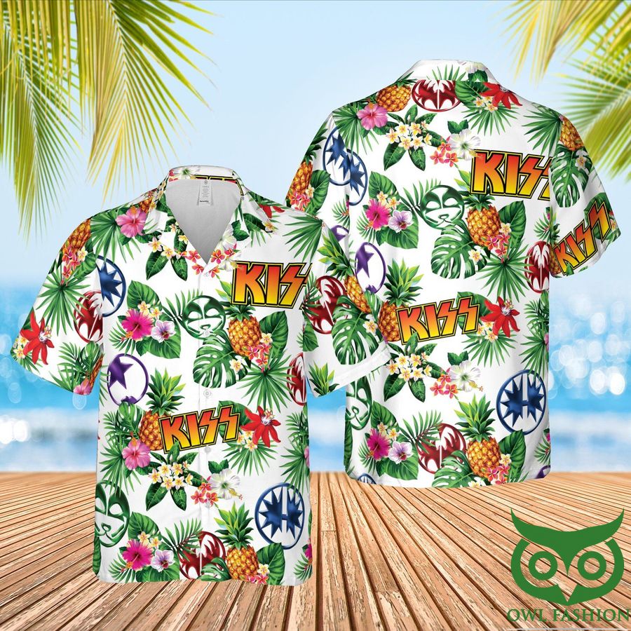 Kiss Rock Band Aloha White with Green Hawaiian Shirt and Shorts