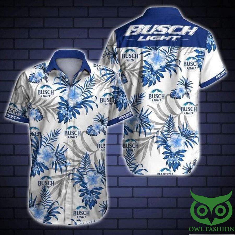 Busch Light White with Blue Leaves Hawaiian Shirt