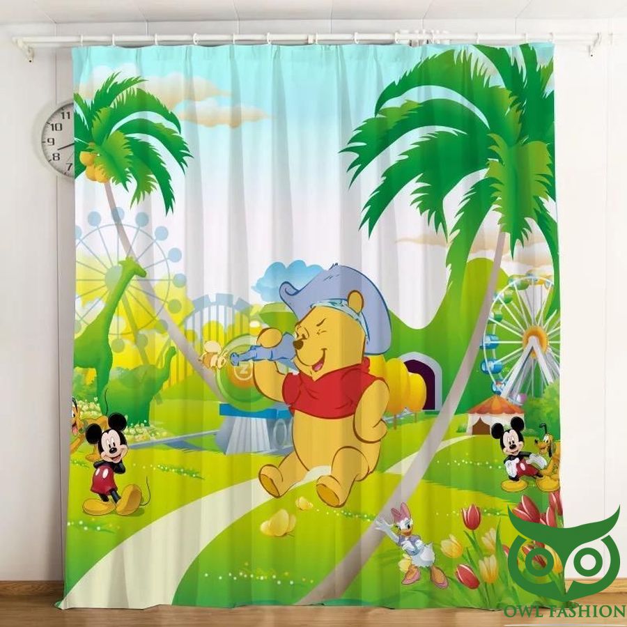 Pooh And Mickey Mouse On Garden With Coconut Trees Window Curtain