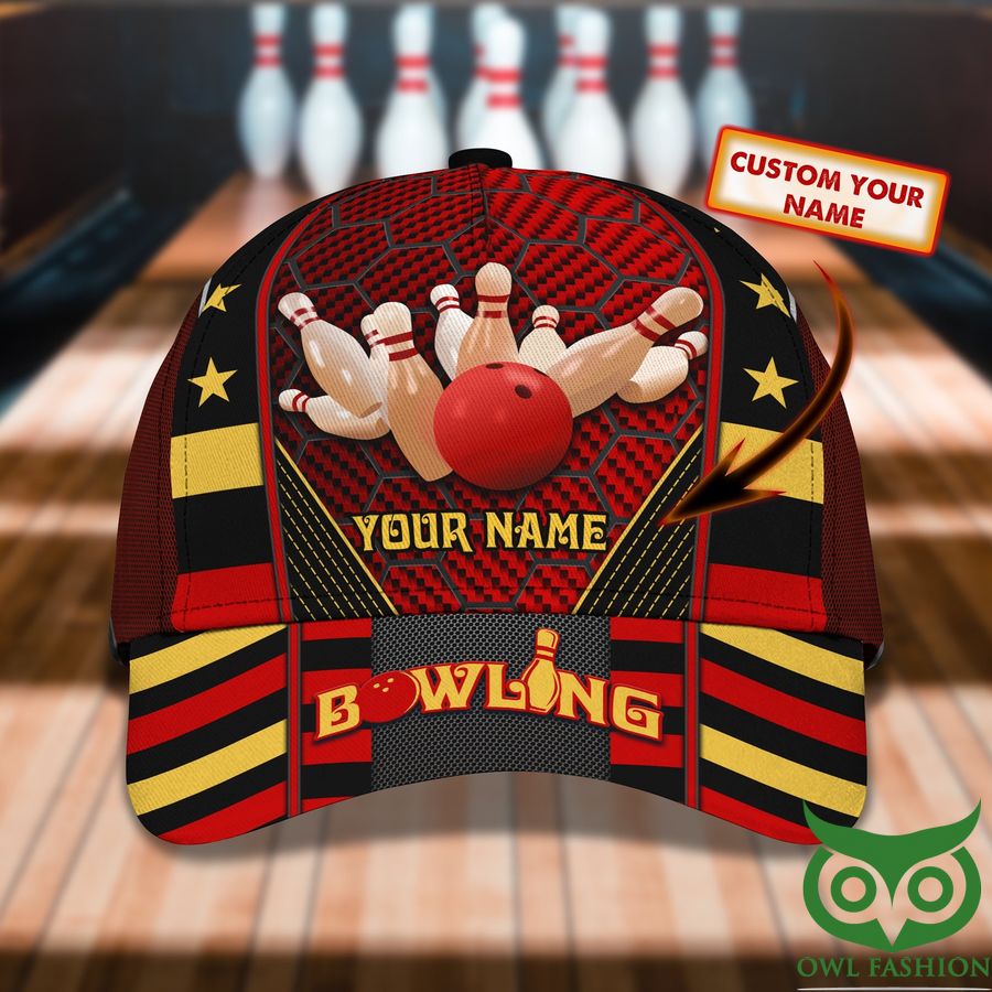 Custom Name Bowling Black Yellow Red Ball Pins Classic Cap