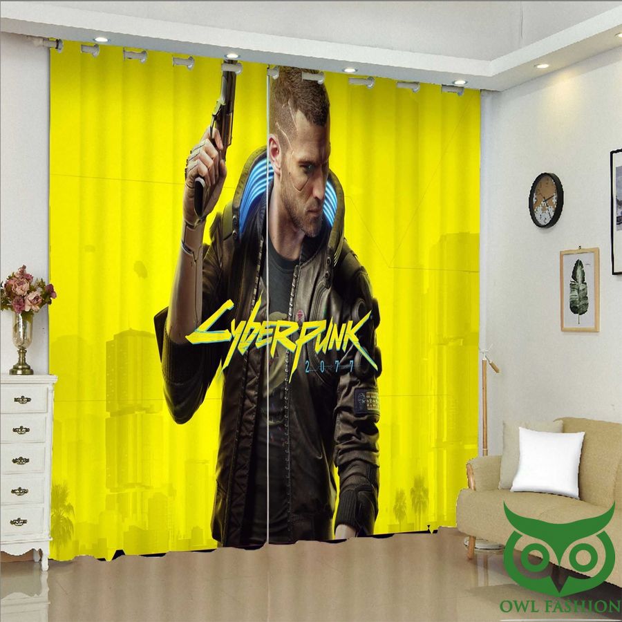 Yellow Background V Male With Gun Cyberpunk Window Curtain