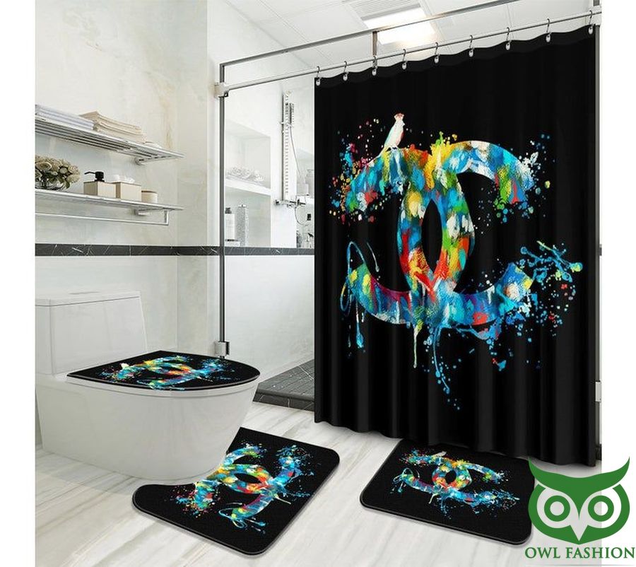 Chanel Black with Colorful Drop Logo Shower Curtain and Mat Set