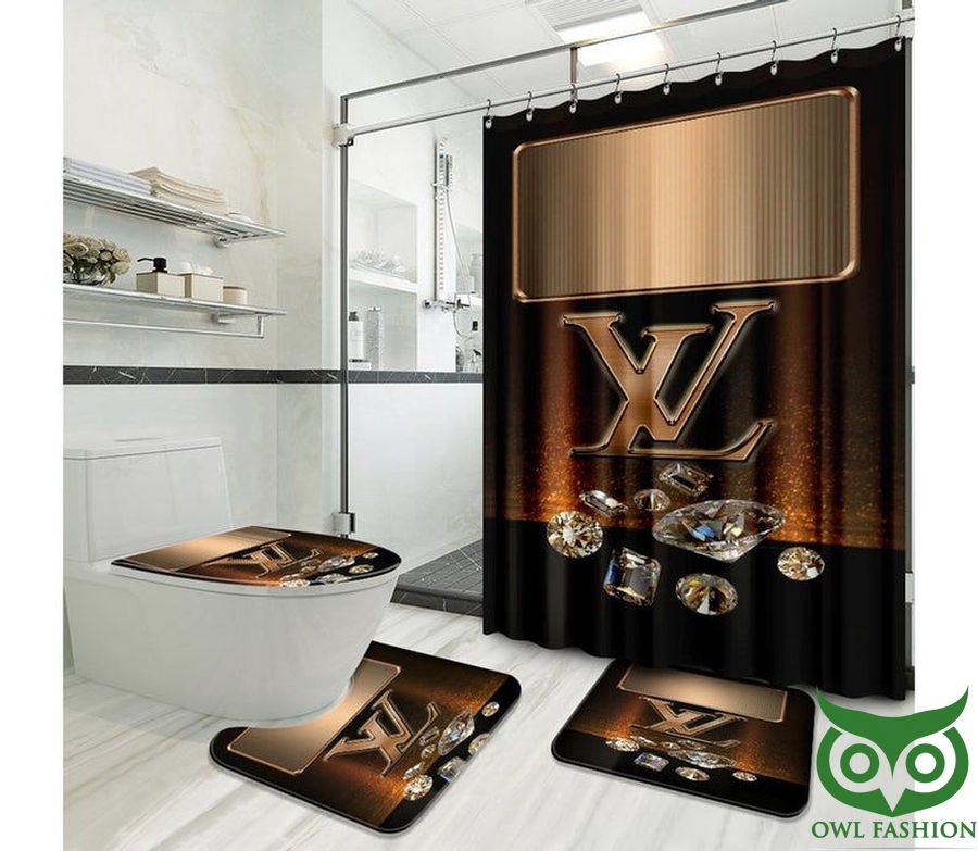 Louis Vuitton Diamonds Twinkle Golden Black Shower Curtain and Mat Set