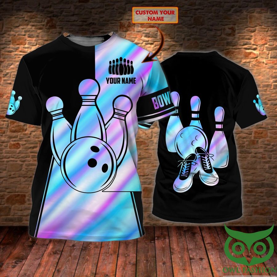 Custom Name Bowling Black and Hologram Pins Shoes 3D T-shirt