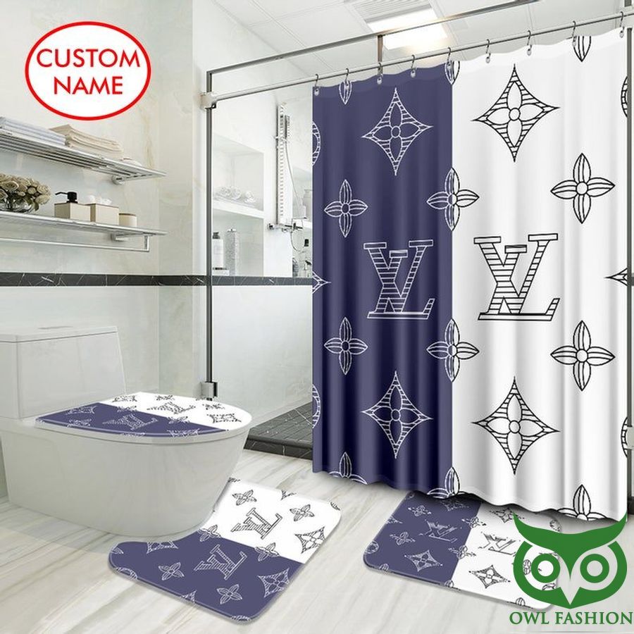 Custom Name Louis Vuitton White and Indigo Blue Shower Curtain and Mat Set