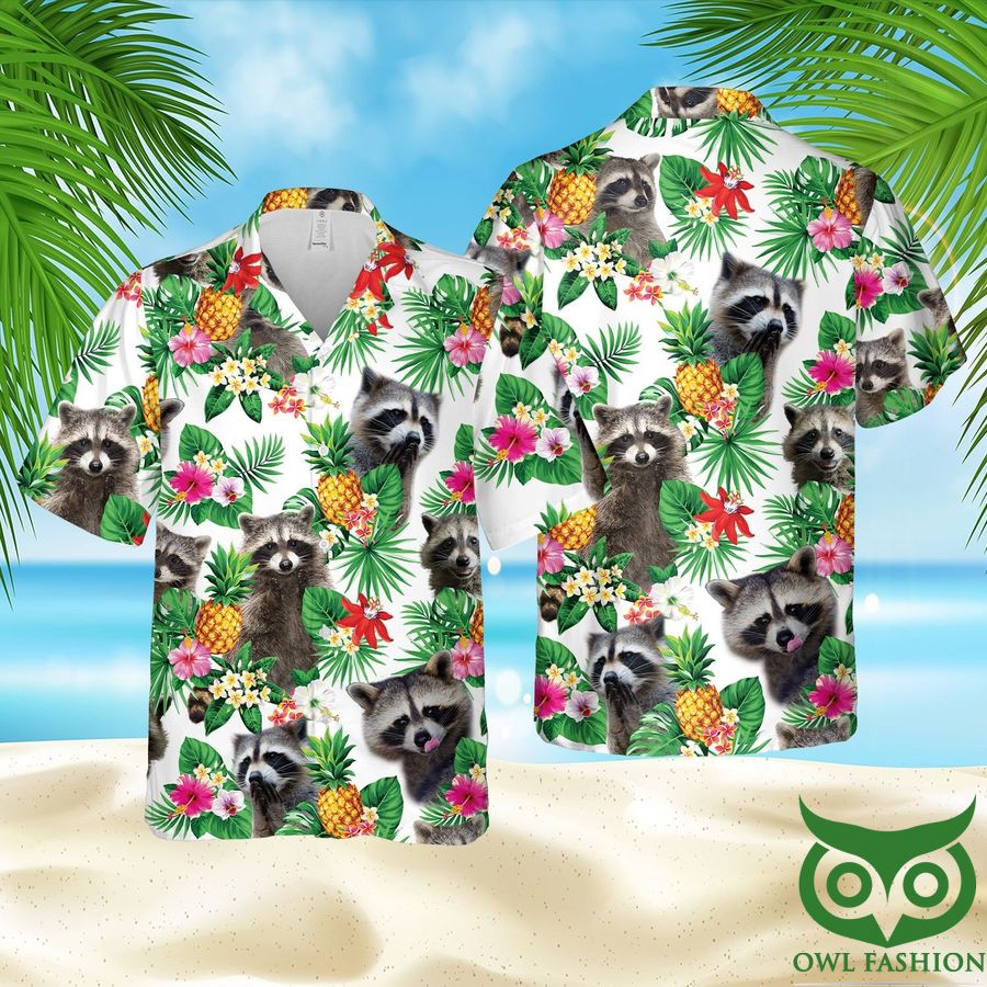 Raccoon Lovers White Green Leaf Pineapple Hawaiian Shirt and Shorts