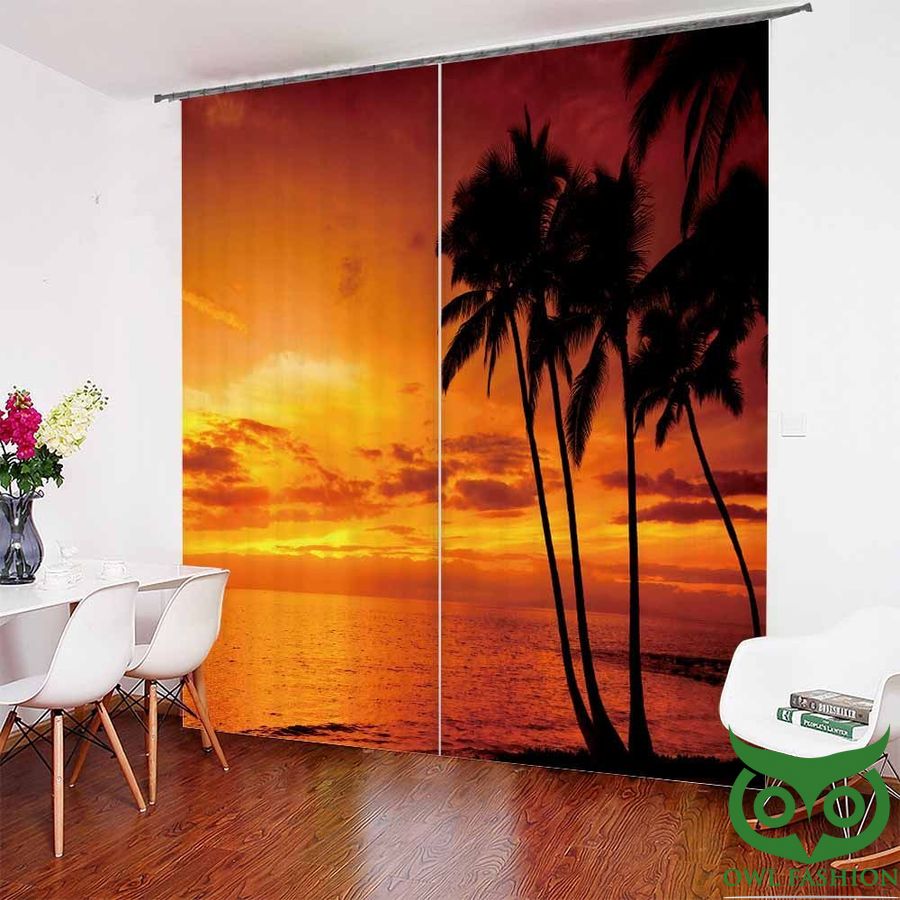 Tropical Scenery Shower Curtain 3D Window Beach Themed Palm Tree Bathroom Decor 