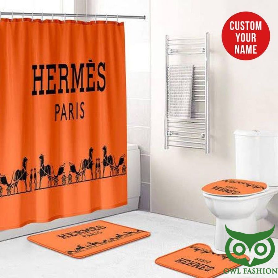 Custom Name Hermes Paris Orange with Logo Shower Curtain and Mat Set