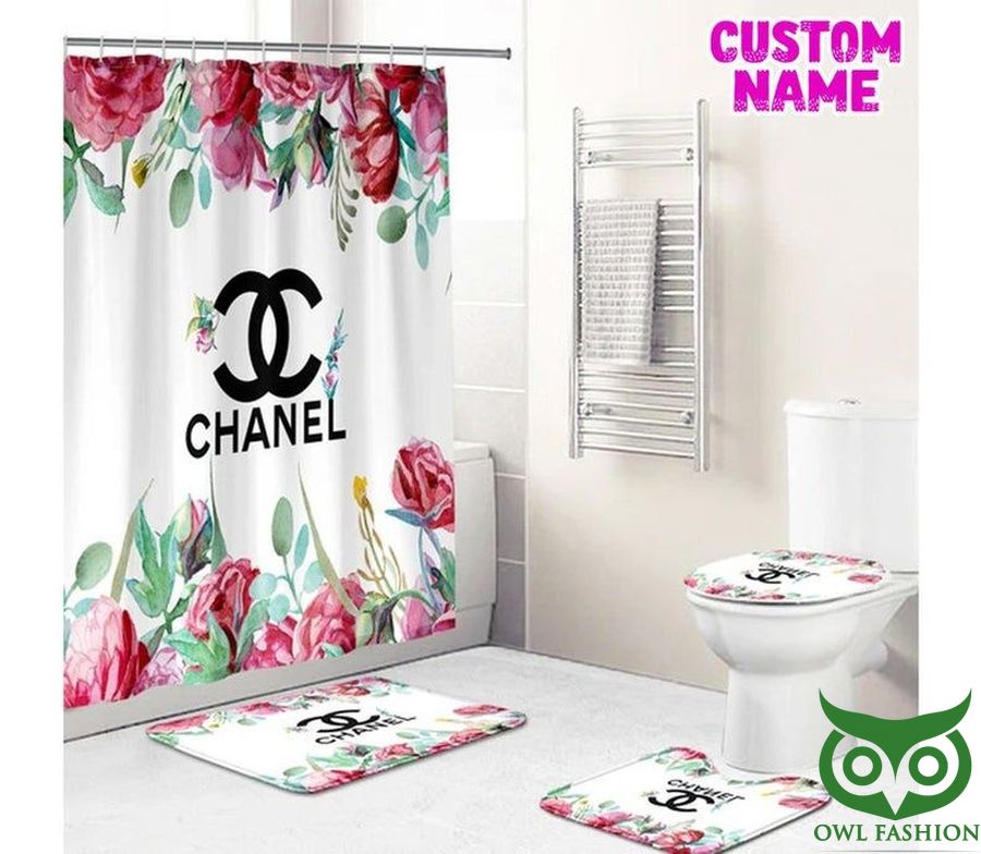 65 Luxury Chanel White Floral with Logo Shower Curtain and Mat Set