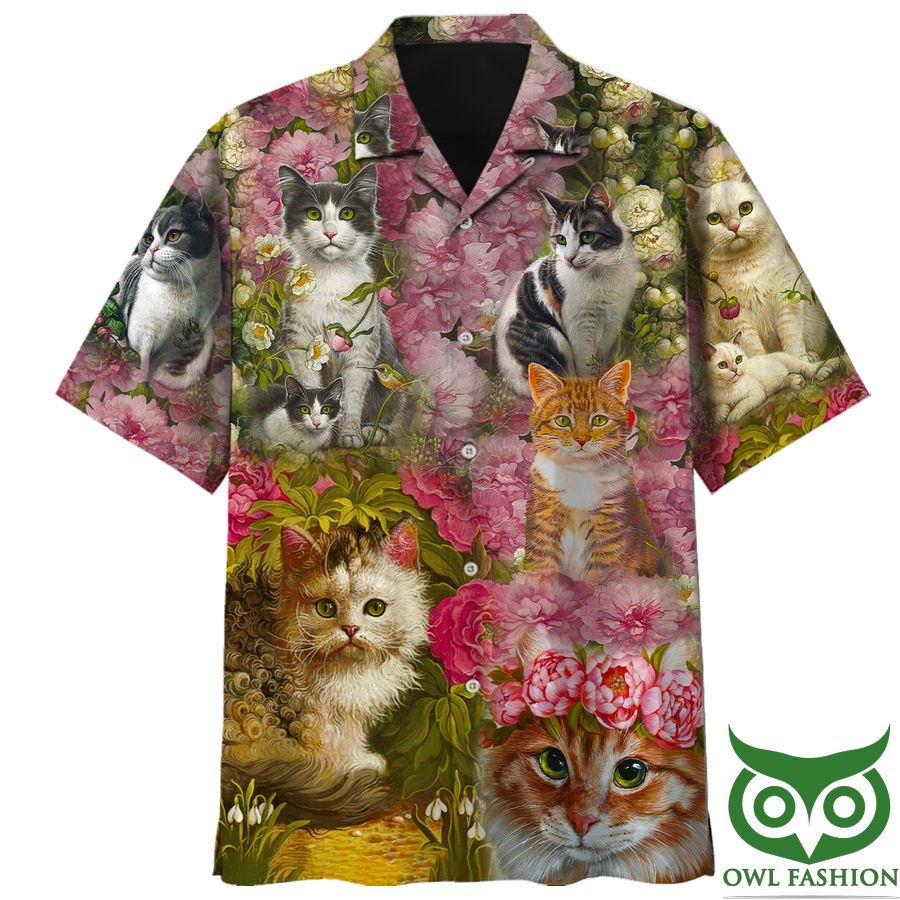 Cute Cats Colorful Floral Hawaiian Shirt