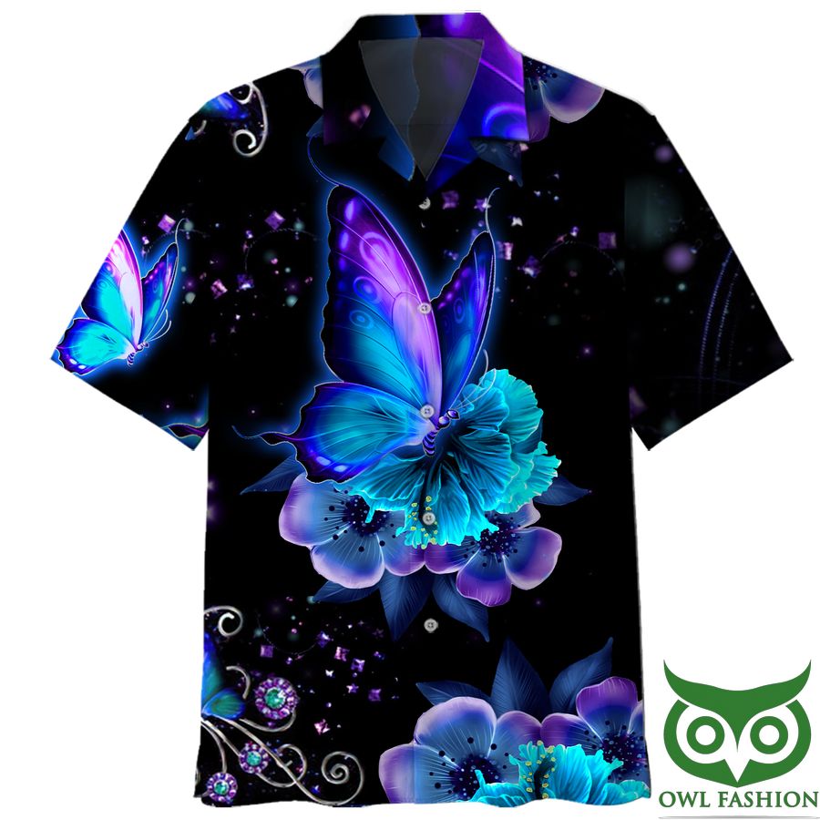 Butterfly Neon Blue Flowers Hawaiian Shirt