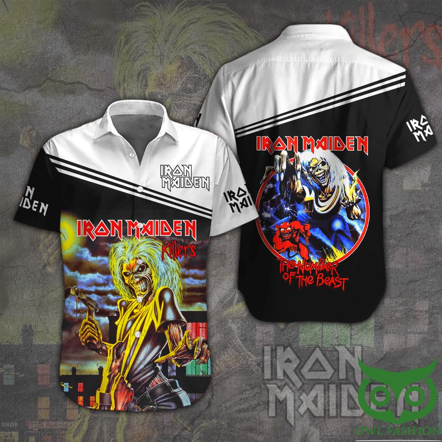 Iron Maiden Black and White with Stripes Hawaiian Shirt