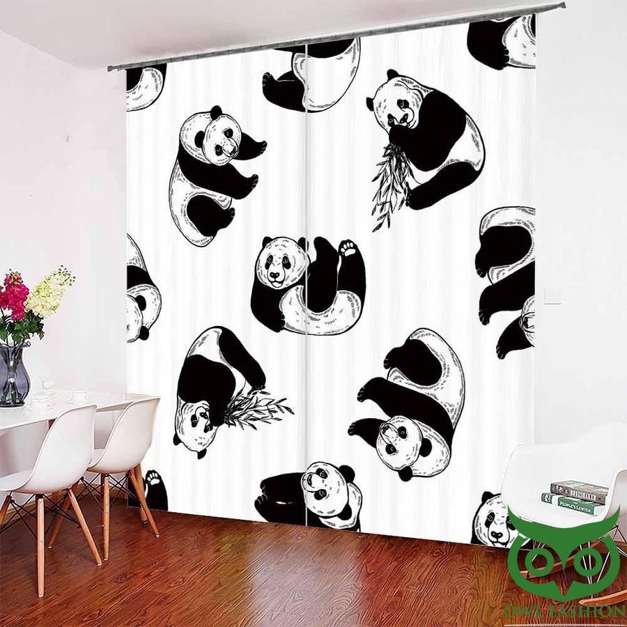 Sketch Panda Eating Bamboo Leaves On White Window Curtain