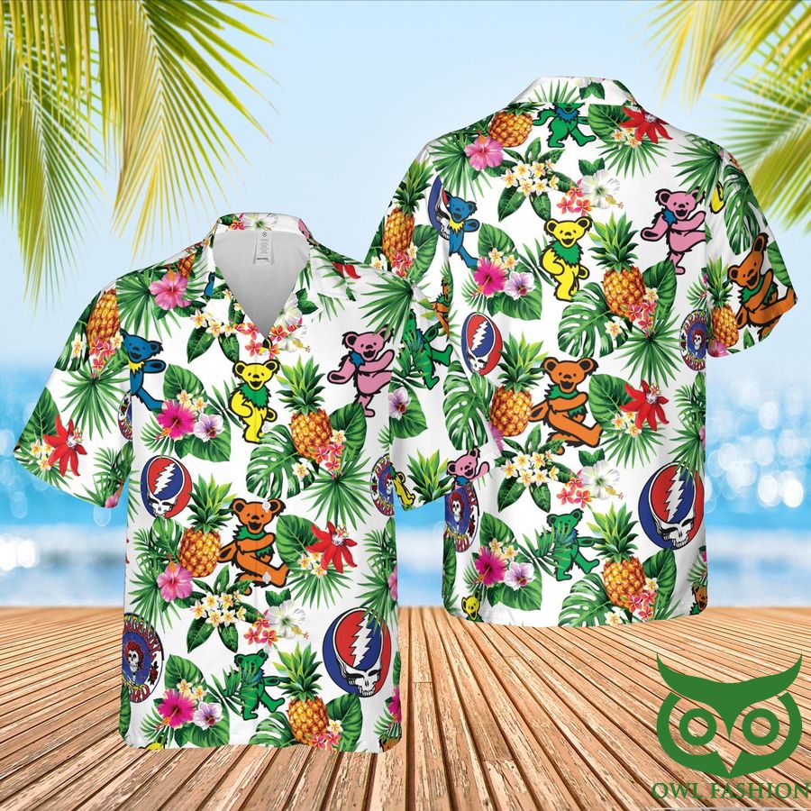 Grateful Dead Aloha Bear Leaf White Hawaiian Shirt and Shorts