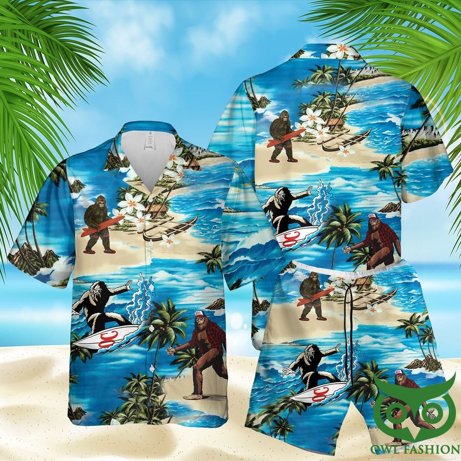 Bigfoot Way Surfing Blue Beach Hawaiian Shirt and Shorts