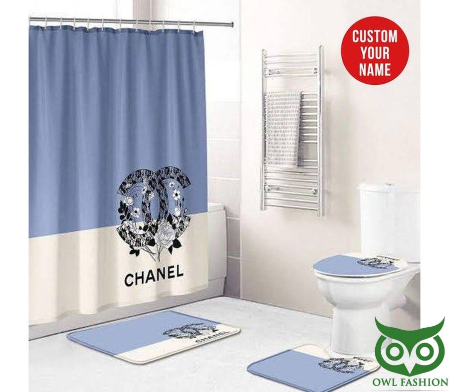 Chanel Luxury Beige and Indigo Blue Shower Curtain and Mat Set