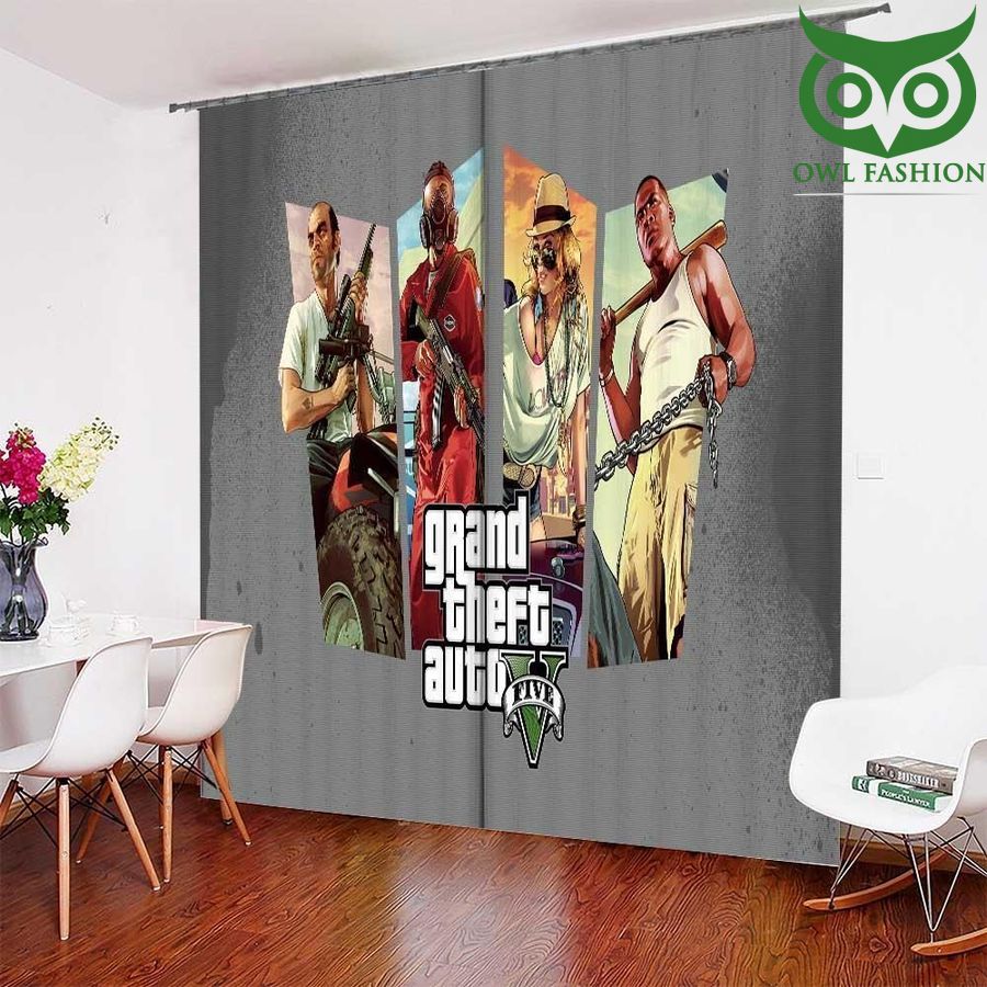 Gray Themed Grand Theft Auto V With Characters Window Curtains Home Decor