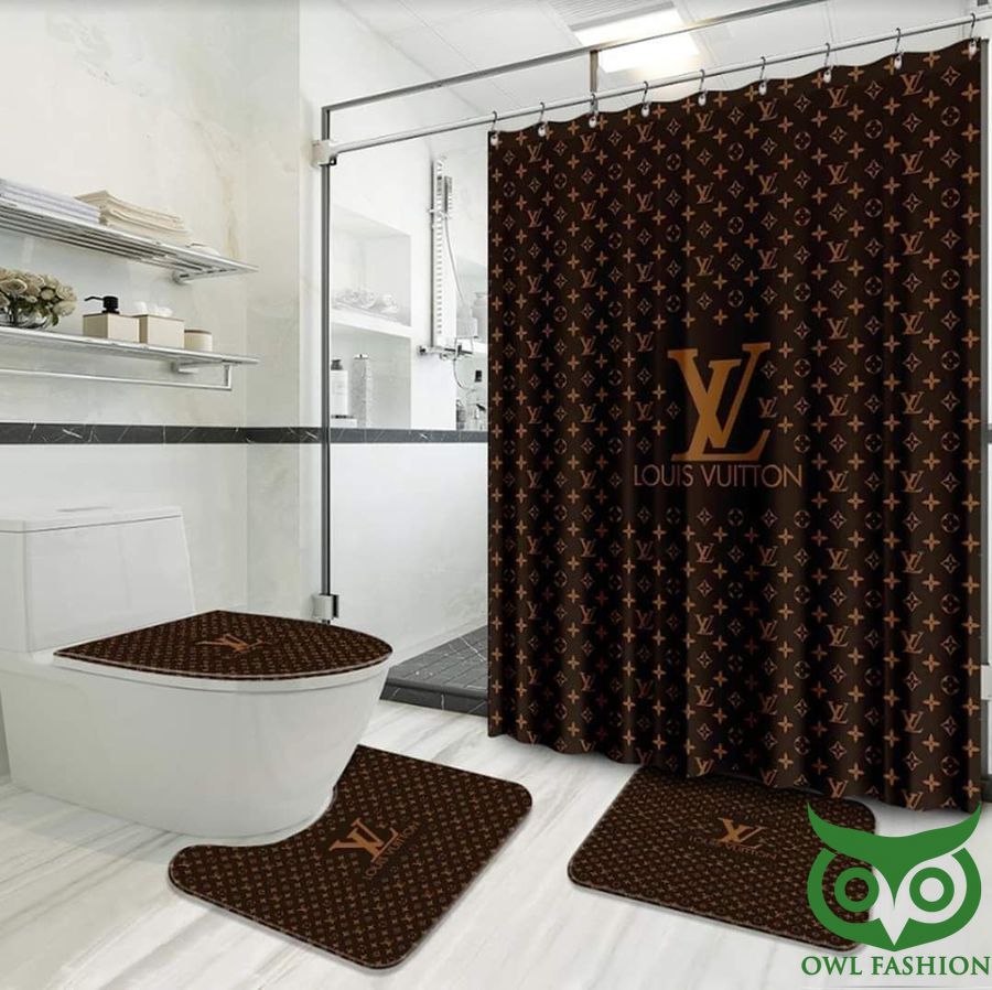 Luxury Louis Vuitton Brown Monogram Pattern Shower Curtain and Mat Set