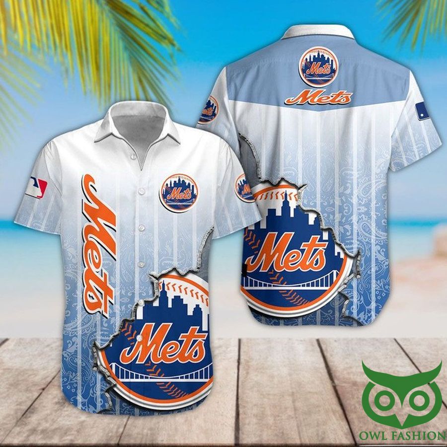 New York Mets White Blue Logo Hawaiian Shirt
