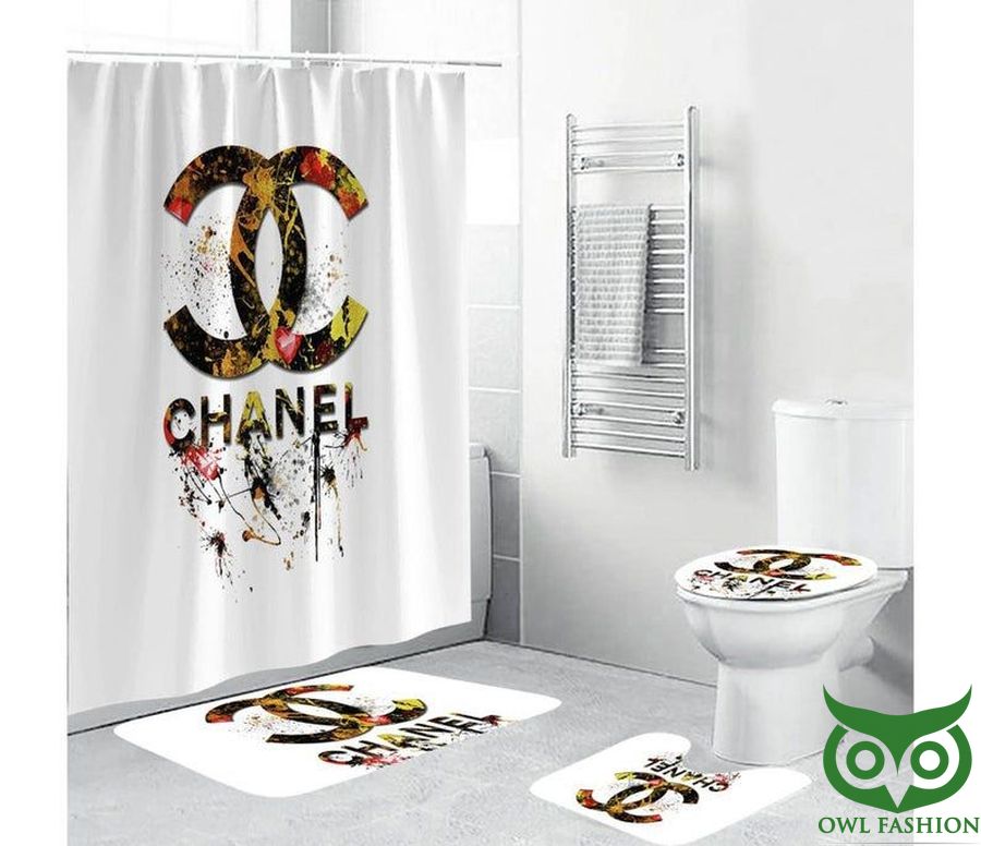 Luxury Chanel Color Drop White Shower Curtain and Mat Set