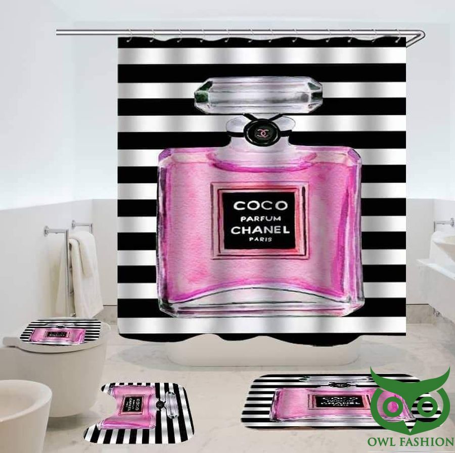 Luxury Coco Chanel Parfum Paris Black White Stripes Shower Curtain and Mat Set