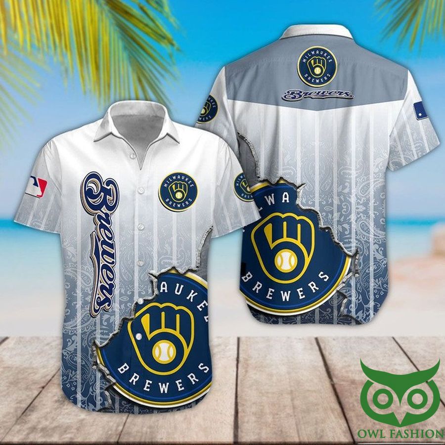 Milwaukee Brewers White Dark Blue Hawaiian Shirt