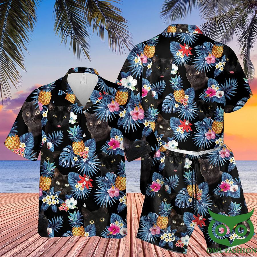 Black Cats Blue Leave Hawaiian Shirt and Shorts