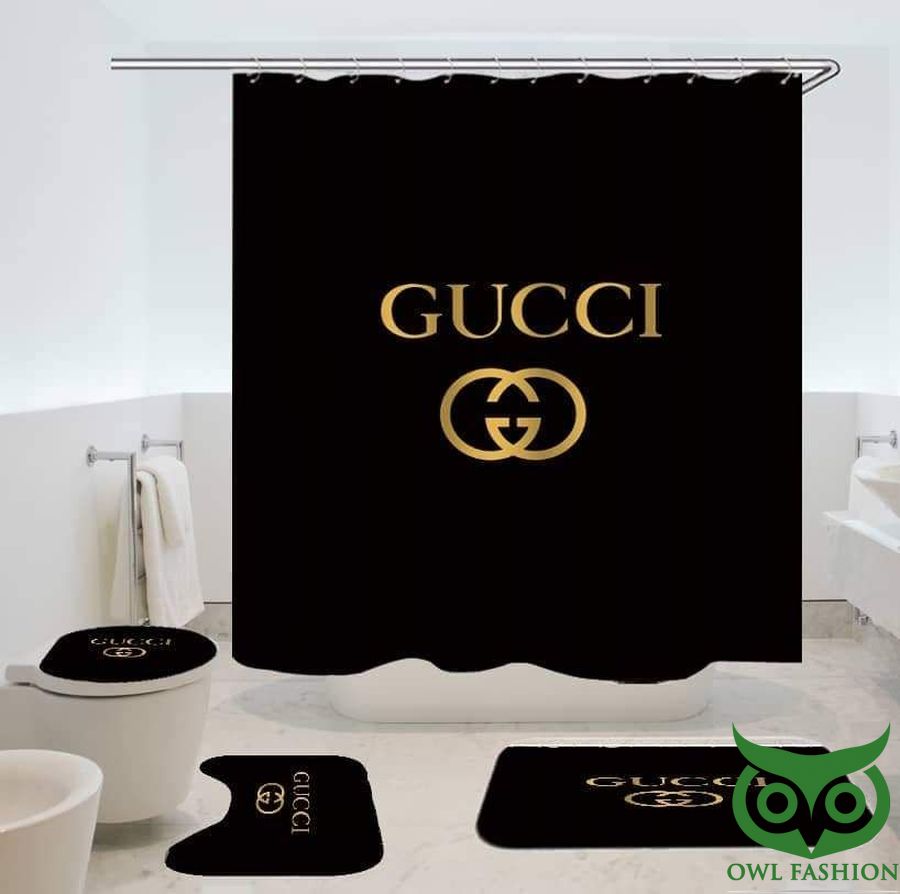 Luxury Gucci Basic Black with Yellow Logo Shower Curtain and Mat Set