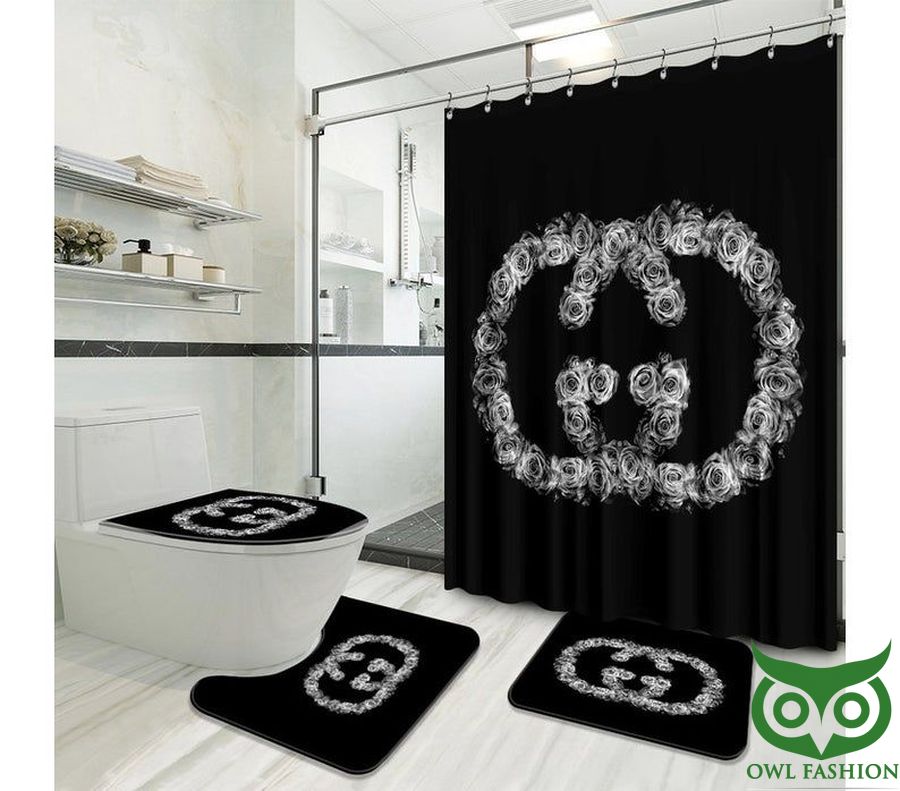 Luxury Chanel Black Flowery Brand Logo Shower Curtain and Mat Set