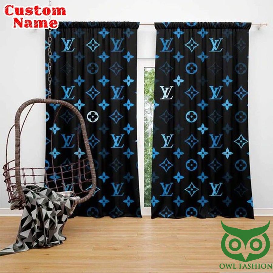 Custom Name Louis Vuitton Black Monogram Blue Windows Curtain