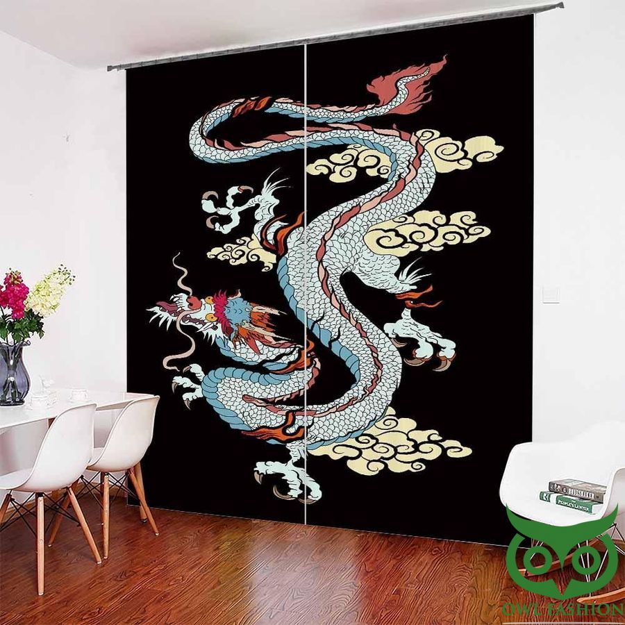 Black Background Clouds With Chinese Dragon Windows Curtain