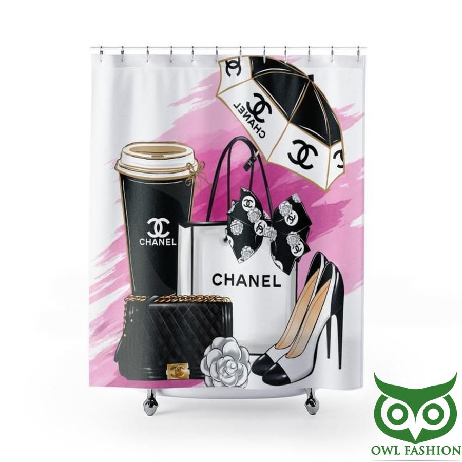 Coco Chanel Items Pink and White and Black Window Curtain