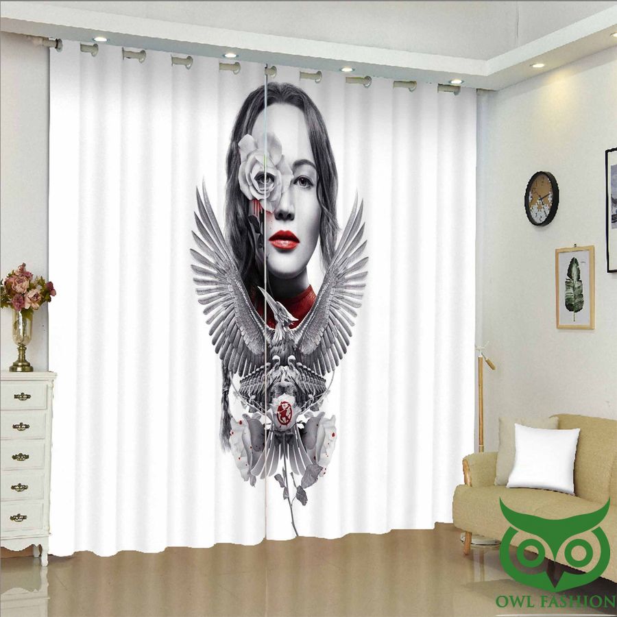 Beauty Of Katniss Everdeen In White With Bird The Hunger Game Window Curtain