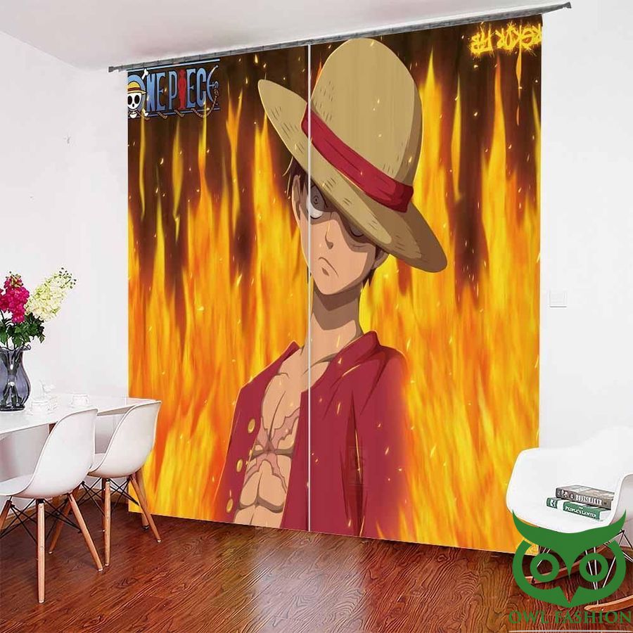 Cartoon One Piece Luffy And Fire Background Windows Curtain