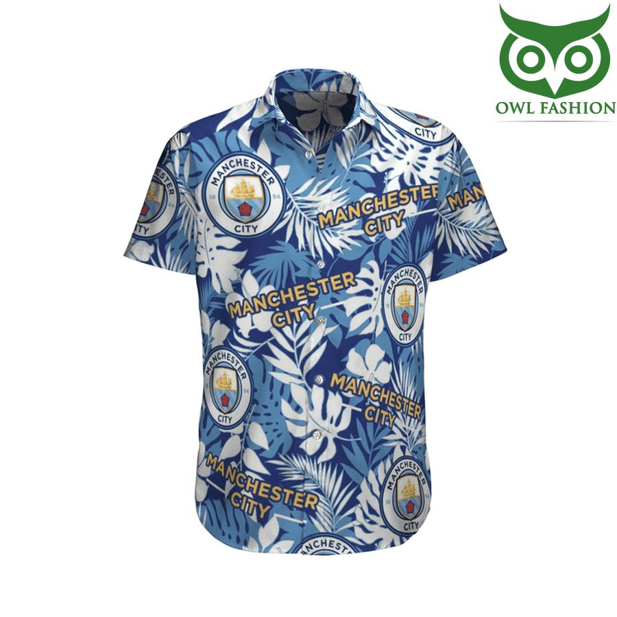 Manchester City football logo in tropical forest blue 3D Hawaiian shirt