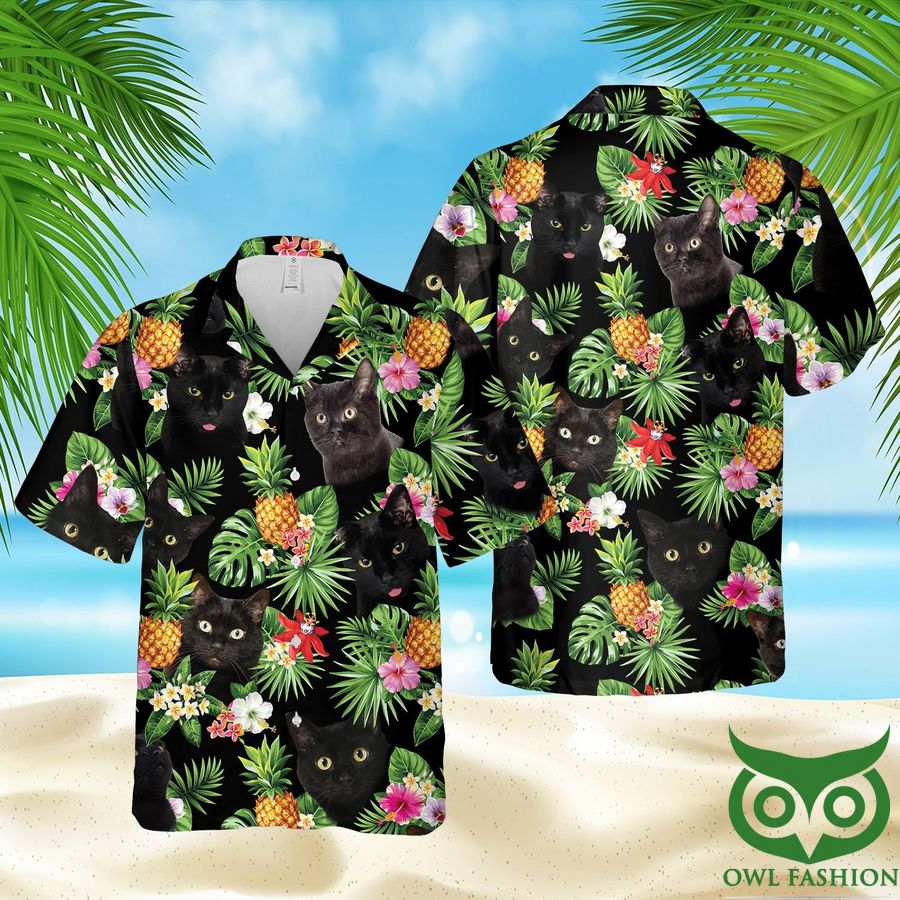 Black Cats Aloha Green Leaves Hawaiian Shirt and Shorts
