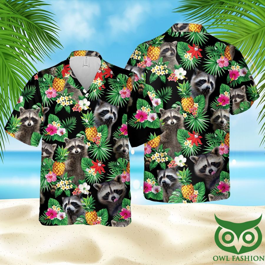 20 Raccoon Lovers Black with Floral Hawaiians Shirt and Shorts
